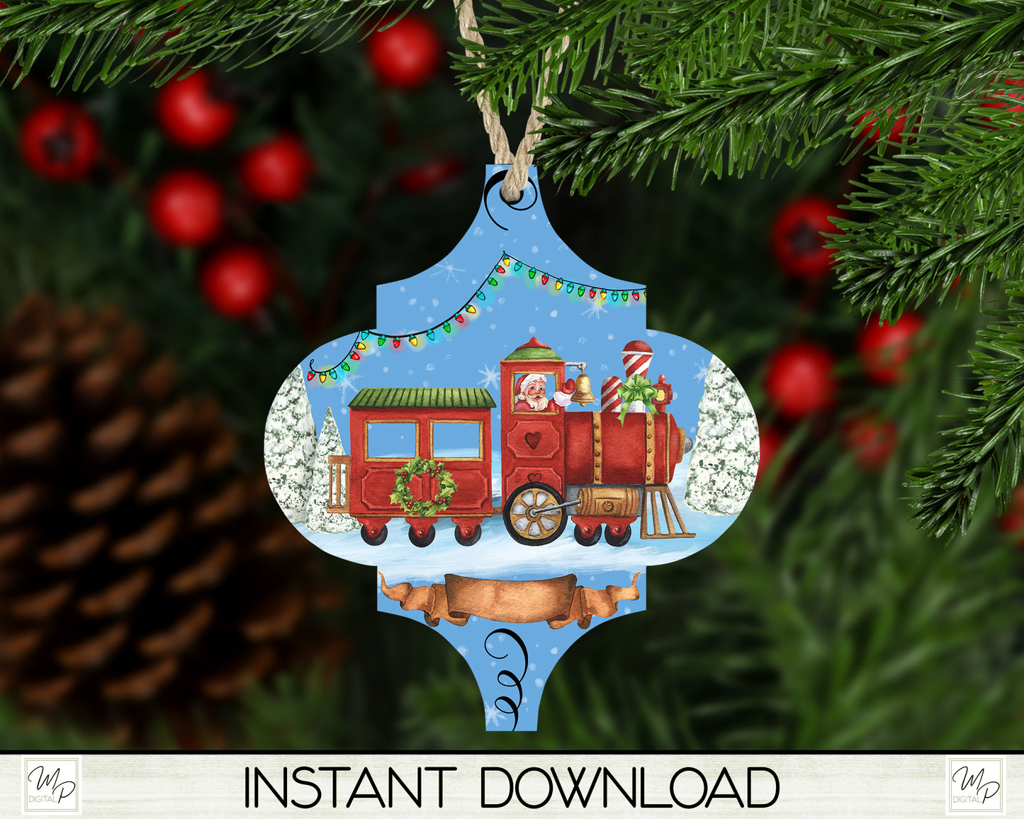 Christmas Train Ornament PNG for Sublimation, Arabesque Tree Ornament Design, Digital Download