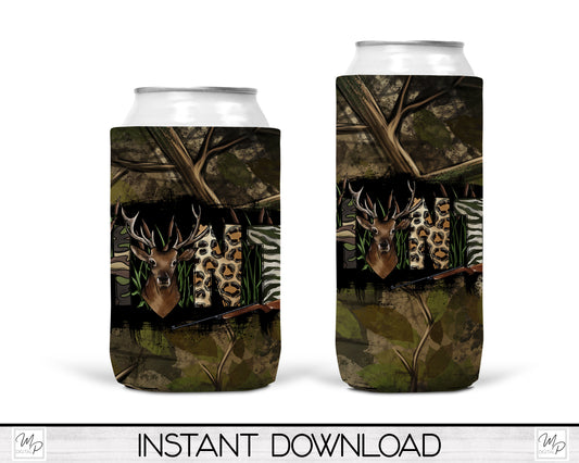 Camo Deer Hunting Neoprene Can Cooler PNG Sublimation Design, Digital Download