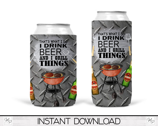 Beer and Grilling Neoprene Can Cooler PNG Sublimation Design, Digital Download
