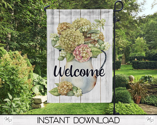Hydrangea Garden Flag PNG for Sublimation Design, Digital Download, Spring Floral