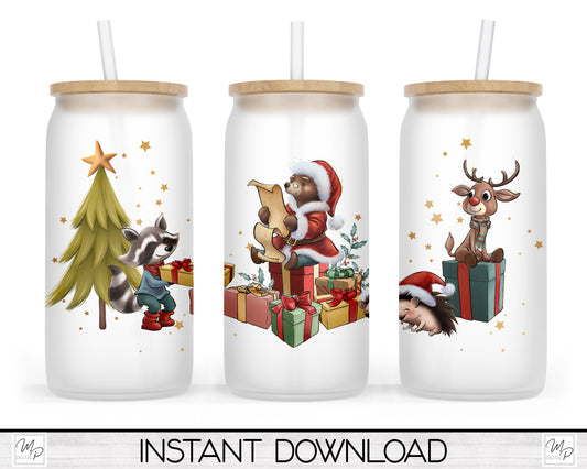 Christmas Bear Santa Glass Can Sublimation Wrap PNG, Coffee Glass Tumbler Sublimation Design, Digital Download