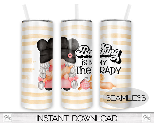 Baking Gnome 20oz Skinny Tumbler PNG Sublimation Design, Baking Is My Therapy