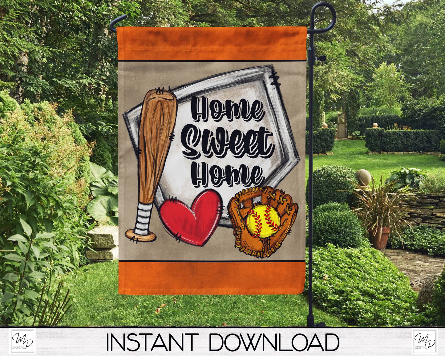 Orange Softball Garden Flag Design for Sublimation, Yard / Patio Flag, Digital Download