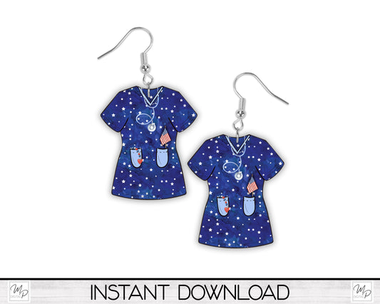 Patriotic July 4th Nurse Scrubs PNG Design for Sublimation, Earrings, Keychain, Signs, Digital Download