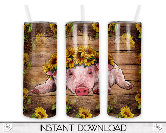 Sunflowers & Pig 20oz Skinny Tumbler PNG Sublimation Design, Tumbler Digital Download