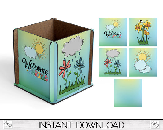 Welcome Spring Flowers Box PNG Sublimation Design, Centerpiece MDF Box Design Digital Download
