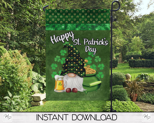 Happy St. Patrick's Day Gnome Garden Flag PNG for Sublimation Design, Digital Download
