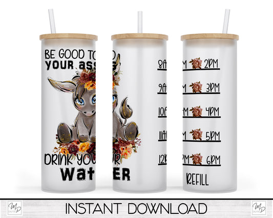 20oz / 25oz Glass Tumbler Water Tracker, Donkey Wrap for Sublimation and Waterslides, PNG Digital Download