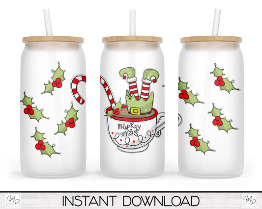 Christmas Elf Glass Can Sublimation Wrap PNG, Coffee Glass Tumbler Sublimation Design, Digital Download