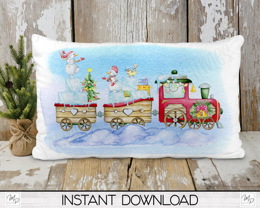 Christmas Snowman Train Lumbar Pillow Cover PNG Sublimation Design, Digital Download