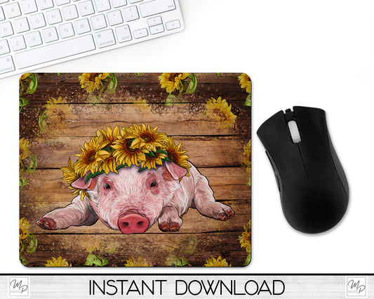 Sunflowers and Pig Mouse Pad PNG for Sublimation Digital Download, Mousepad Design for Sublimation