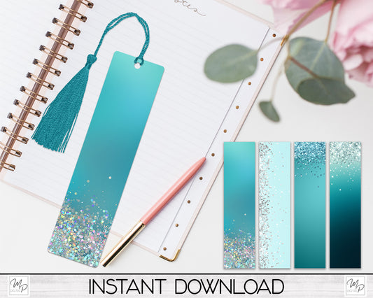 Teal Glitter Bookmark PNG Design Bundle for Sublimation, Book Mark Digital Download