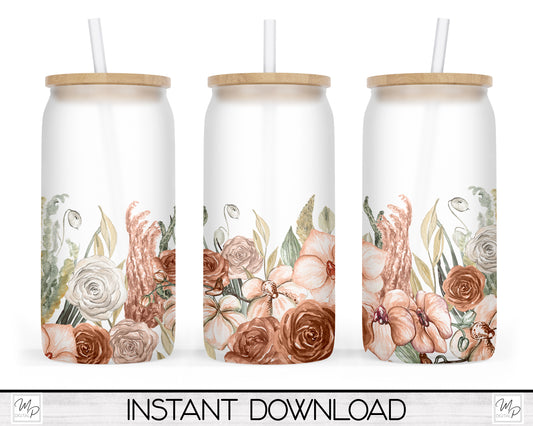 Boho Floral Glass Can Sublimation Wrap, PNG Digital Download