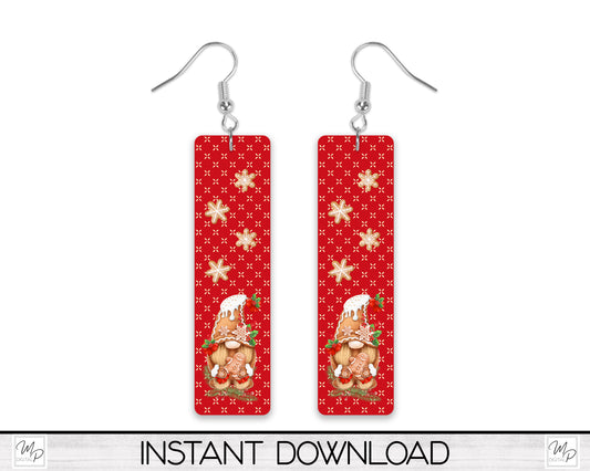 Christmas Gingerbread Gnome Bar Earring PNG Design for Sublimation, Digital Download