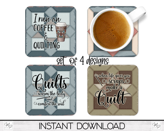 Set of 4 Quilting Coaster Sublimation PNG Designs, Square Coffee Coasters, Car Coaster Sublimation Digital Download