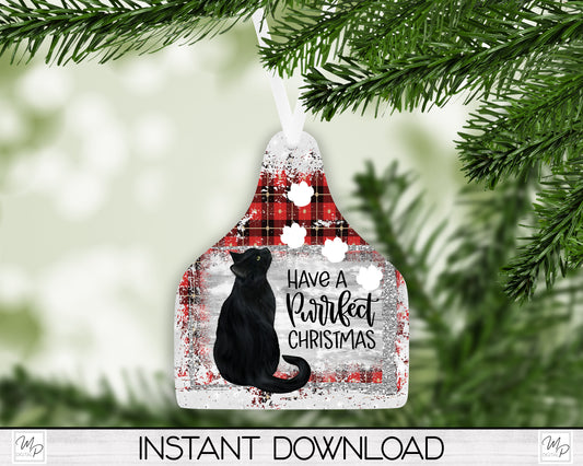 BLACK CAT Cow Tag Christmas Tree Ornament PNG for Sublimation, Ornament Design, Cat Ornament, Digital Download