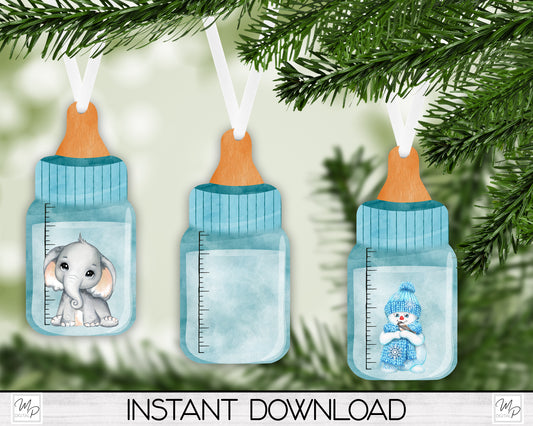 Blue Baby Bottle Ornament / Sign BUNDLE PNG for Sublimation, Digital Design Download