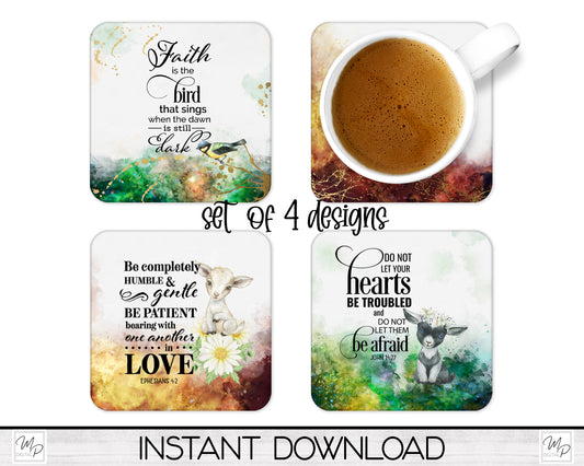 Set of 4 Christian Bible Verse Coaster Sublimation PNG Designs, Square Coffee Coasters, Car Coaster Sublimation Digital Download