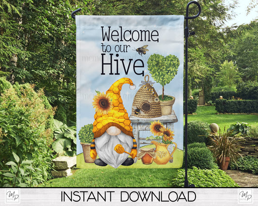 Bee Gnome Garden Flag PNG for Sublimation Design, Digital Download, Welcome To Our Hive
