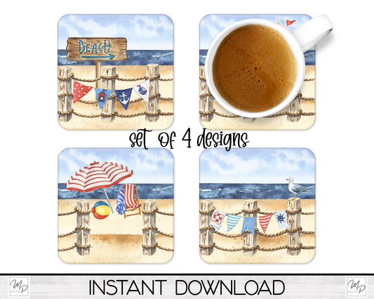 Set of 4 Beach Coaster Sublimation PNG Designs, Square Coffee Coasters, Car Coaster Sublimation Digital Download