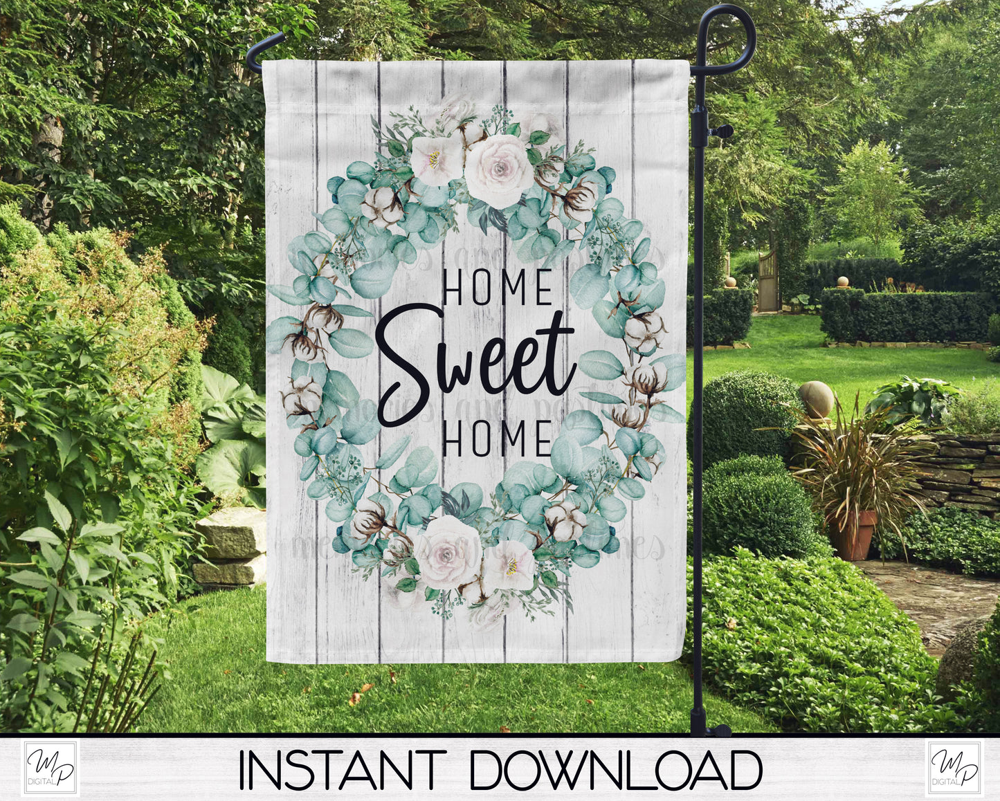 Cotton Boll Wreath Farmhouse Garden Flag PNG for Sublimation Design, Digital Download, Home Sweet Home