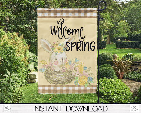 Welcome Spring Garden Flag PNG for Sublimation Design, Digital Download, Bunny