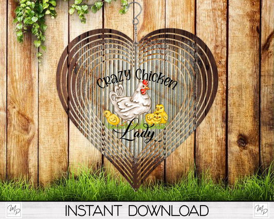 Crazy Chicken Lady Heart Wind Spinner PNG Design for Sublimation, Garden Spinner Design, Digital Download