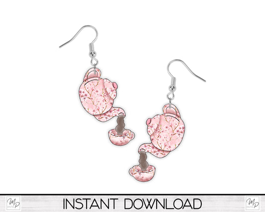 Cherry Blossom Teapot and Cup Earring PNG Design for Sublimation, Digital Download