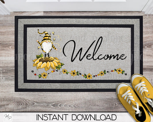Bee Gnome Door Mat Design for Sublimation, Sunflower Welcome