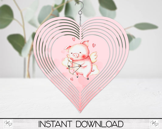 Valentine's Day Pig Cupid Heart Wind Spinner PNG Design for Sublimation, Garden Spinner Design, Digital Download