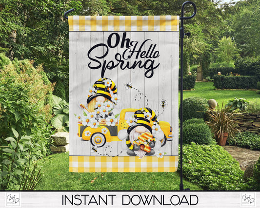 Bee Gnome Garden Flag PNG for Sublimation Design, Digital Download, Hello Spring