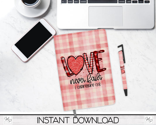 Christian Valentine's Day Journal and Pen Set PNG Sublimation Design, Love Never Fails, Digital Download