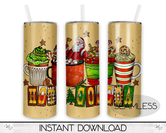 Christmas Hot Cocoa Santa 20oz Skinny Tumbler PNG Sublimation Design, Two Skin Tones