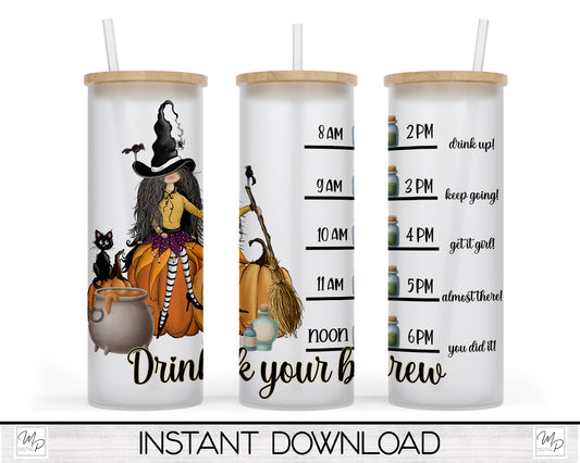 20oz / 25oz Glass Tumbler Water Tracker, Halloween Witch Wrap for Sublimation and Waterslides, PNG Digital Download, Drink Your Brew
