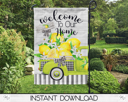 Lemon Farmhouse Truck Garden Flag PNG for Sublimation Design, Digital Download