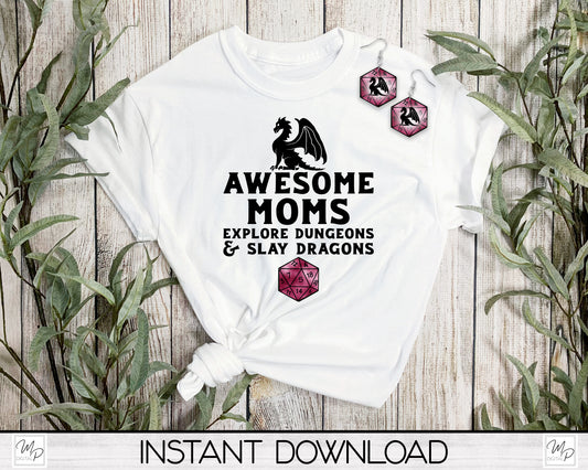 Gamer Mom PNG Sublimation Design Bundle for T-Shirts, Pillows, Mugs / Dice Earring Digital Download