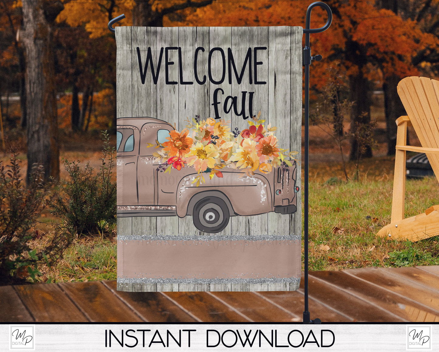 Fall Floral Farmhouse Truck Garden Flag PNG for Sublimation Design, Digital Download