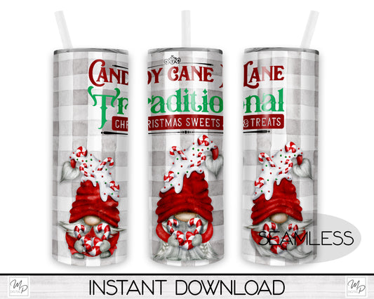 Christmas Candy Cane Gnomes 20oz Skinny Tumbler PNG Sublimation Design, Digital Download