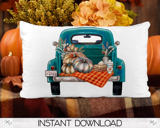 Fall Farmhouse Truck Lumbar Pillow Cover PNG Sublimation Design, Digital Download