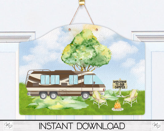 Welcome to our Camper Round Top Sign / Door Hanger PNG for Sublimation, Class A RV, Digital Download