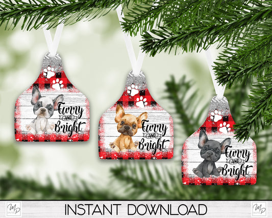 Five Breed Colors FRENCH BULLDOG Cow Tag Christmas Tree Ornament PNG for Sublimation, Ornament Design, Frenchie Dog Ornament, Digital Download