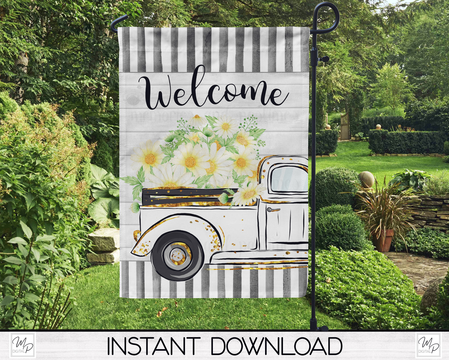 Daisy Farmhouse Truck Garden Flag PNG for Sublimation Design, Digital Download