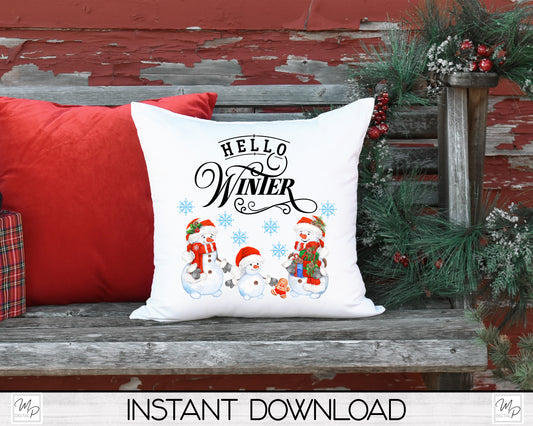 Hello Winter Snowman Christmas Pillow Cover PNG Sublimation Design, Digital Download, Square Pillow Case PNG Design
