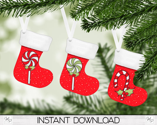 Peppermint Candy Stocking Christmas Tree Ornament PNG for Sublimation, Ornament Design, Digital Download