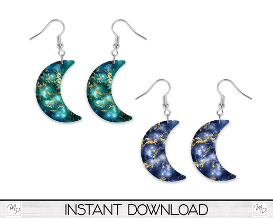 Galaxy Marble Crescent Moon Earring PNG Design for Sublimation, Digital Download
