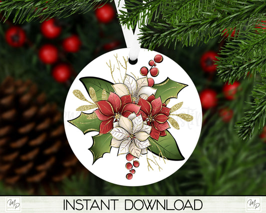 Christmas Poinsettia Ornament PNG for Sublimation, Round Tree Ornament Design, Digital Download