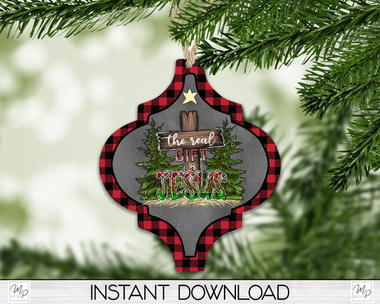 Christian Christmas Ornament PNG for Sublimation, Arabesque Tree Ornament Design, The Real Gift Is Jesus Digital Download