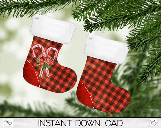 Buffalo Plaid Stocking Christmas Tree Ornament PNG for Sublimation, Ornament Design, Digital Download