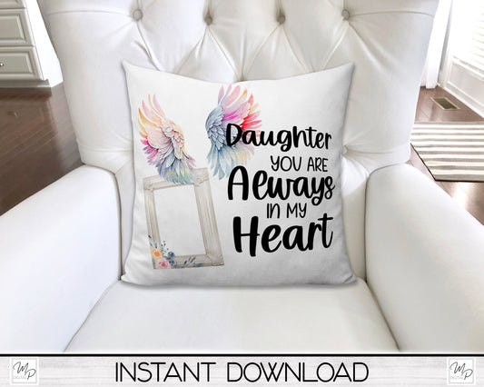 Angel Wings Daughter Memorial Pillow Cover PNG Sublimation Design, Digital Download, Square Pillow Case PNG Design
