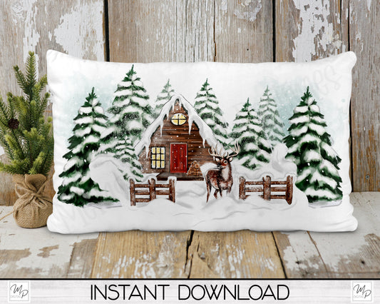 Winter Cabin Lumbar Pillow Cover PNG Sublimation Design, Digital Download